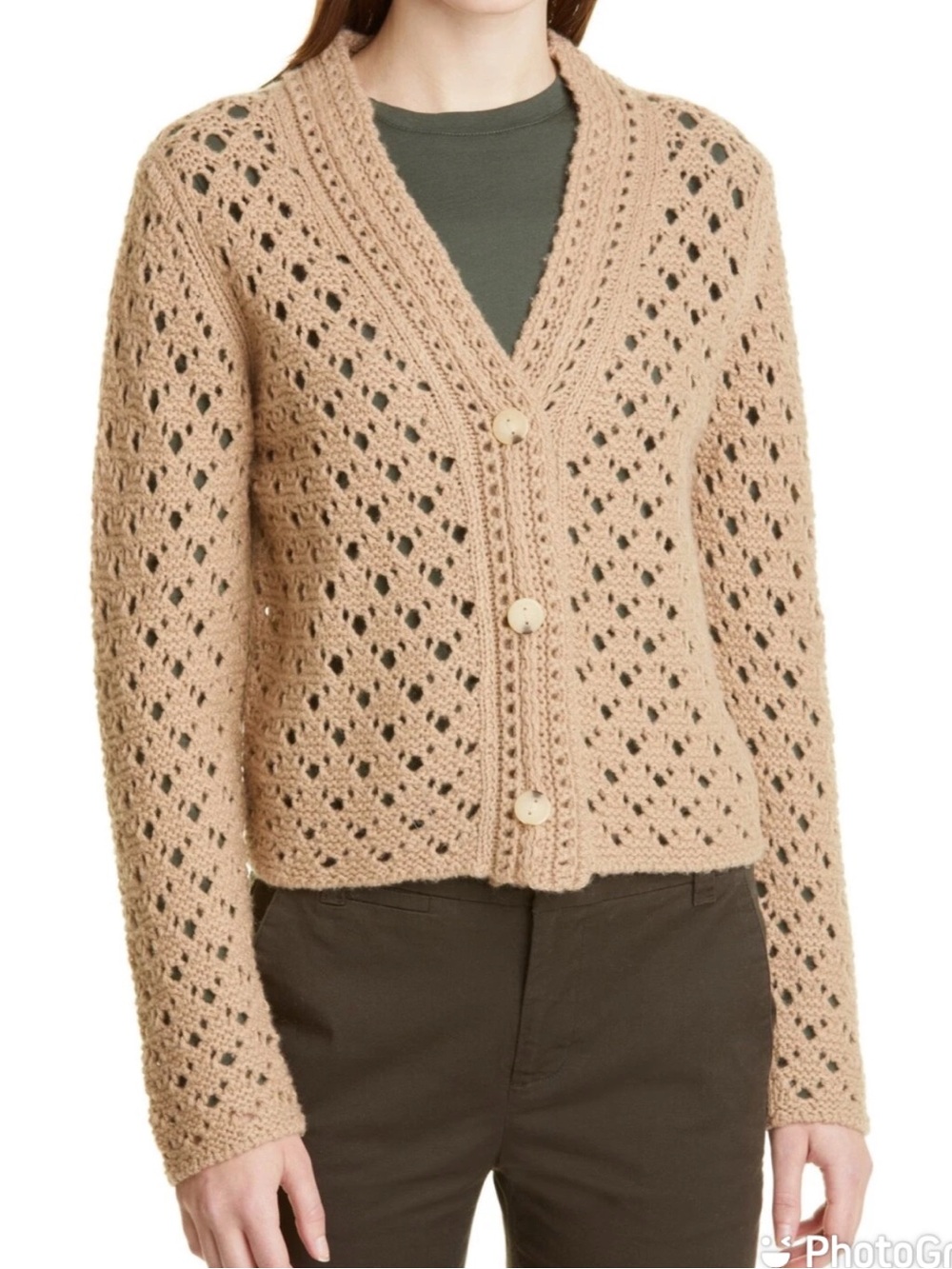 Vince Beige Open-Knit V-Neck Button Cardigan